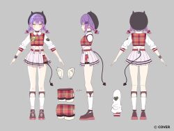  1girl barbell_piercing beret black_choker black_hat braid brown_shoes center-flap_bangs choker colored_shoe_soles commentary_request copyright_notice cropped_shirt cropped_vest demon_girl demon_tail double-parted_bangs ear_piercing earclip earrings full_body gradient_hair green_eyes grey_background hair_ornament hairclip hat highres hololive industrial_piercing jewelry legwear_garter loafers low_twin_braids miniskirt multicolored_hair multiple_views official_alternate_costume official_alternate_hairstyle parallel_hairclips piercing pink_hair plaid_clothes plaid_shorts plaid_sweater_vest pleated_skirt pointy_ears purple_hair red_sweater_vest reference_sheet saekiyahiro second-party_source shirt shoes short_shorts shorts shorts_under_skirt side_slit simple_background skirt socks spiked_ear_piercing sweater_vest tail tail_ornament tail_piercing three-quarter_sleeves tokoyami_towa turnaround twin_braids vest virtual_youtuber white_shirt white_skirt white_socks 