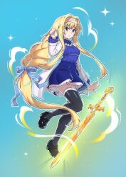  1girl alice_zuberg black_shoes black_thighhighs blonde_hair blue_background blue_eyes blue_skirt blue_sweater coat commentary english_commentary glowing glowing_weapon golden_sword highres long_hair open_clothes open_coat ribbed_sweater saiwo_(saiwoproject) second-party_source shoes skirt solo sparkle sweater sword sword_art_online thigh-highs weapon white_coat 