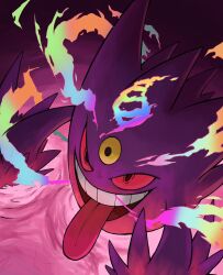  colored_sclera commentary_request gengar grin highres making-of_available mega_evolution_symbol mega_gengar mega_pokemon neoruru_illust no_humans open_mouth pokemon pokemon_(creature) pokemon_focus red_eyes smile teeth third_eye tongue tongue_out 