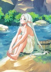  1girl :o absurdres barefoot dorsiflexion earrings elf frieren green_eyes hair_down highres jewelry long_hair meisaki pointy_ears sitting soles solo sousou_no_frieren toes_up white_hair 