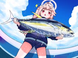  1girl absurdres animal blue_archive blue_jacket blue_shorts blue_sky blush clouds commentary_request day fish halo highres holding holding_animal holding_fish jacket long_sleeves natsu_(blue_archive) nukokuranuko15 open_mouth outdoors pink_hair red_eyes short_shorts shorts side_ponytail sky solo sparkle triangle_mouth tuna water water_drop 
