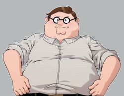  1boy blush commentary danganronpa_(series) family_guy fat fat_man glasses hands_on_own_hips highres parody peter_griffin rkgkrabu round_eyewear smile solo style_parody 