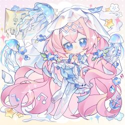  1girl beamed_eighth_notes beamed_sixteenth_notes blue_bow blue_dress blue_eyes blue_flower blush bow bowtie chibi closed_mouth dress eighth_note flower frilled_dress frills full_body hair_flower hair_ornament highres jellyfish long_hair long_sleeves looking_at_viewer maguaxiaoxingqiu musical_note musical_staff original own_hands_together pantyhose pink_hair quarter_note sheet_music smile solo sparkle treble_clef twintails veil very_long_hair white_pantyhose wide_sleeves 