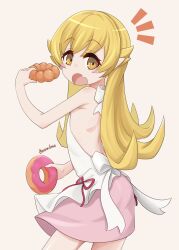  1girl absurdres bare_shoulders blonde_hair blush commentary_request doughnut dress fang food highres holding holding_donut holding_food long_hair looking_at_viewer monogatari_(series) onion-lotus oshino_shinobu pointy_ears simple_background skin_fang solo white_background white_dress yellow_eyes 