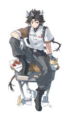 1boy animal_ears arknights bird black_hair book boots braid brown_eyes brown_sleeves cat collared_shirt commentary cow_boy cow_ears cow_horns cow_tail desk full_body gloves grey_pants highres horns knee_up male_focus on_desk pants shirt short_sleeves simple_background sitting snake solo tail tomato wan_qing_(arknights) white_background white_shirt wohuabuwanle 