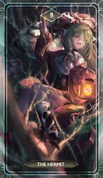  1girl absurdres animal_ears bell branch colored_skin commentary cow_ears cow_girl cowbell crelly english_commentary english_text eyebrows_hidden_by_hair eyes_visible_through_hair feet_out_of_frame green_hair hair_ornament hairband hairclip hairpin heterochromia highres holding holding_branch horns jacket lamp long_hair looking_afar looking_to_the_side mole mole_under_mouth night original outdoors pink_jacket pink_lips pink_skin safety_pin shirt shorts sitting slit_pupils solo straight-on tarot the_hermit_(tarot) tree virtual_youtuber windsketchy 