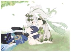  1boy 1girl aichiroo armlet asymmetrical_sidelocks barefoot belt black_belt black_bodysuit black_bow black_shorts blue_cape blue_gem blue_kimono blue_sleeves blunt_ends blush bodysuit border bow bright_pupils cape closed_eyes couple covered_collarbone detached_sleeves dress eyelashes eyeliner facing_another falling_leaves feathers from_side gem genshin_impact gold gold_trim grass green_hair green_sleeves hakama hakama_shorts happy head_down hetero highres japanese_clothes jewelry juban kimono lap_pillow layered_sleeves leaf long_hair looking_at_another lying makeup multicolored_hair nahida_(genshin_impact) on_back open_clothes open_hand open_kimono open_mouth outdoors playing_with_another's_hair pleated_shorts pom_pom_(clothes) purple_rope purple_sash red_eyeliner rope sash scaramouche_(genshin_impact) short_sleeves shorts shoulder_peek side_cape side_ponytail sidelocks streaked_hair tassel tsurime turtleneck turtleneck_bodysuit violet_eyes vision_(genshin_impact) wanderer_(genshin_impact) white_background white_border white_dress white_kimono white_pupils white_sleeves white_trim yellow_feathers 