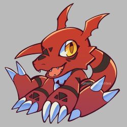  artist_name brown_eyes claws colored_skin digimon digimon_(creature) grey_background guilmon herbalmoontea highres no_humans open_mouth red_skin simple_background sitting solo tail 