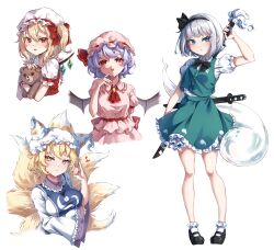  4girls absurdres black_bow black_bowtie black_hairband black_shoes blonde_hair blue_eyes blush bow bowtie collared_shirt commentary_request crystal crystal_wings fang flandre_scarlet frilled_shirt_collar frills green_skirt green_vest grey_hair hairband hat highres hitodama hitodama_print holding holding_sword holding_weapon hugging_doll hugging_object katana konpaku_youmu konpaku_youmu_(ghost) korotrishia looking_at_viewer mary_janes mob_cap multicolored_wings multiple_girls one_side_up open_mouth puffy_short_sleeves puffy_sleeves red_eyes red_nails red_vest remilia_scarlet sheath sheathed shirt shoes short_sleeves simple_background skin_fang skirt skirt_set socks stuffed_animal stuffed_toy sword sword_on_back teddy_bear touhou upper_body vest weapon weapon_on_back white_background white_hat white_shirt white_socks wings wrist_cuffs yakumo_ran 