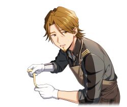  1boy apron brown_apron brown_eyes brown_hair cum cum_on_body facial facial_hair game_cg gloves goatee happy_elements helios_rising_heroes holding jay_kidman looking_at_viewer male_focus non-web_source official_art open_mouth shirt sleeves_rolled_up solo sweat sweatdrop transparent_background upper_body white_gloves 