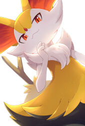  :3 braixen closed_mouth commentary_request furry hand_up highres looking_at_viewer orange_eyes pokemon pokemon_(creature) pokemon_focus rumine_(yoshi1234567) smile solo stick white_background 
