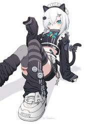  1girl animal_ear_piercing animal_ears apron aqua_eyes ars_almal asymmetrical_legwear badge black_bow black_jacket black_shirt black_shorts black_skirt black_thighhighs blue_bow blue_eyes blush bow bowtie breasts button_badge cat_ears cat_hair_ornament cat_tail chain closed_mouth commentary_request crop_top cropped_shirt fake_animal_ears frills grey_thighhighs hair_between_eyes hair_ornament hair_over_one_eye hairclip highres jacket long_sleeves looking_at_viewer loose_socks maid maid_headdress midriff mismatched_legwear nijisanji piercing shadow shirt shoes short_hair shorts simple_background single_thighhigh sitting skirt sleeves_past_fingers sleeves_past_wrists socks solo striped_clothes striped_thighhighs tail tail_ornament tatami_kami thigh-highs thigh_strap unconventional_maid virtual_youtuber waist_apron white_background white_hair 