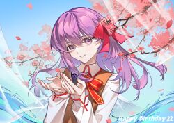  1girl absurdres amiably_02 brown_vest cherry_blossoms chinese_commentary commentary_request cross cross_print day english_text fate/stay_night fate_(series) flower hair_ribbon hands_up happy_birthday highres holding homurabara_academy_school_uniform long_hair long_sleeves looking_at_viewer matou_sakura neck_ribbon petals pink_flower purple_hair raglan_sleeves red_ribbon ribbon school_uniform shadow_(fate/stay_night) shirt sky smile solo tareme teeth upper_body vest violet_eyes white_shirt 