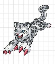  blue_eyes claws commentary digimon digimon_(creature) english_commentary grey_fur grid_background no_humans official_style open_mouth oridigi original red_claws sewally1399982 sharp_teeth snow_leopard solo tail teeth 