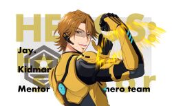  1boy armor brown_eyes brown_hair clenched_hand facial_hair game_cg goatee happy_elements headset helios_rising_heroes highres jay_kidman looking_at_viewer male_focus non-web_source official_art open_mouth smile solo upper_body 