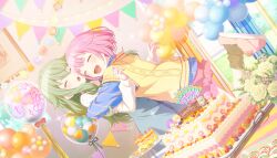  2girls ^_^ ankle_socks balloon birthday_cake blue_dress blue_shirt blueberry blunt_bangs bouquet brown_socks cake cake_stand choukoku_no_protagonist_(project_sekai) closed_eyes colorful_palette curtains dot_nose dress english_text flower flower_balloon food fruit game_cg green_hair hair_flaps happy happy_birthday heart highres hug indoors kiwi_(fruit) kiwi_slice kusanagi_nene light_blush long_hair long_sleeves low-tied_sidelocks multiple_girls official_art ootori_emu open_mouth orange_(fruit) orange_slice pink_hair pink_skirt pink_slippers project_sekai puffy_long_sleeves puffy_sleeves rose shirt shirt_under_dress short_hair sidelocks skirt slippers socks standing strawberry striped_clothes striped_shirt sweatdrop sweater_vest table third-party_source tongue translation_request white_flower white_rose white_shirt window yellow_sweater_vest 