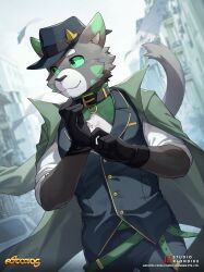  1boy absurdres adastra alexios_(adastra) animal_ears astatos black_gloves black_hat cat_boy cat_ears cat_tail closed_mouth coat coat_on_shoulders collar colored_sclera commentary copyright_logo copyright_name copyright_notice english_commentary english_text fedora furry furry_male gloves green_sclera grey_pants grey_vest hat highres logo looking_to_the_side male_focus pants ponzu_tas second-party_source shirt smile tail vest white_shirt 