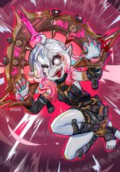  1girl absurdres ahoge bound bound_wrists briar_(league_of_legends) chained_wrists colored_sclera colored_skin fingernails grey_hair hair_between_eyes highres kimjdav league_of_legends long_hair looking_at_viewer multicolored_hair no_pupils open_mouth pillory pink_hair pink_sclera pointy_ears sharp_fingernails sharp_teeth simple_background smile solo stirrup_legwear teeth toeless_legwear two-tone_hair vampire white_eyes 
