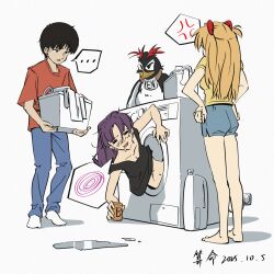  1boy 2girls anger_vein barefoot bird black_hair black_shirt blue_pants blue_shorts dated drunk hair_ornament hands_on_own_hips highres holding ikari_shinji in_washing_machine katsuragi_misato multiple_girls neon_genesis_evangelion no_shoes orange_hair pants penguin penpen purple_hair red_shirt shirt shorts sleeveless socks souryuu_asuka_langley sun_nim washing_machine white_socks yellow_shirt 