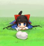 1girl aya_drevis black_hair blood bloodtea blue_eyes bow eating eyebrows eyebrows_visible_through_hair grass hair_bow highres huge_bow long_hair mad_father open_eyes open_mouth rabbit snowball_(mad_father) solo