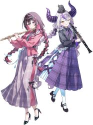  2girls absurdres animal_on_head azki_(hololive) bird bird_on_head black_hair black_shoes bow braid closed_mouth demon_girl demon_horns full_body hair_bow hair_ornament high_heels highres holding holding_instrument hololive horns instrument la+_darknesss long_hair long_skirt long_sleeves looking_at_viewer low_twin_braids multicolored_hair multiple_girls nekoyashiki_pushio official_art on_head pantyhose pink_hair purple_hair shoes simple_background skirt smile standing streaked_hair tongue tongue_out transparent_background twin_braids very_long_hair white_pantyhose yellow_eyes 