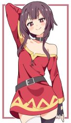  1girl abstract_background bare_shoulders black_gloves black_thighhighs blush brown_hair choker closed_mouth collarbone commentary fingerless_gloves flat_chest from_below gloves highres kono_subarashii_sekai_ni_shukufuku_wo! looking_at_viewer megumin noyama_takenoko raised_eyebrow red_eyes red_tunic short_hair single_sock smile socks solo solo_focus standing thigh-highs thighs tunic white_background zettai_ryouiki 