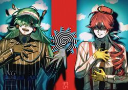  2boys absurdres atumikan_37ten5 black_coat black_eyes black_gloves black_necktie blue_gloves blue_hair blue_necktie clouds coat collared_shirt commentary_request empty_eyes facial_hair fake_sky genderswap genderswap_(ftm) glasses gloves goatee hand_on_own_chest hand_up hat hatsune_miku headset highres kasane_teto long_hair looking_at_another looking_at_viewer male_focus mature_male mesmerizer_(vocaloid) miku-oji multicolored_gloves multiple_boys mustache_stubble necktie open_mouth ponytail red-framed_eyewear red_hair red_hat sharp_teeth shirt smile smiley_hat_ornament striped_clothes stubble suspenders teeth two-tone_gloves upper_body vertical-striped_clothes visor_cap vocaloid white_shirt yellow_gloves 