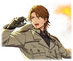  1boy black_shirt brown_eyes brown_hair brown_jacket collared_shirt cropped_torso dress_shirt facial_hair fire game_cg goatee grey_jacket happy_elements helios_rising_heroes jacket jay_kidman long_sleeves male_focus non-web_source official_art open_mouth parted_bangs shirt solo sweat thick_eyebrows transparent_background unworn_headwear upper_body v-shaped_eyebrows 