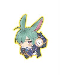  1boy ahoge animal_ears black_gloves blue_hair blue_shirt clock coat collared_shirt earrings genshin_impact gloves hair_between_eyes highres holding holding_pocket_watch jewelry lohen_(genshin_impact) long_sleeves looking_at_viewer male_focus meme mole mole_under_eye multicolored_eyes outline pocket_watch rabbit_ears remin_art roman_numeral shirt watch white_background yellow_outline 
