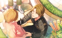  2boys black_gloves black_necktie black_pants brown_eyes brown_hair flower game_cg gloves happy_elements helios_rising_heroes highres holding jay_kidman long_sleeves male_focus multiple_boys necktie non-web_source official_art open_mouth outdoors pants pink_shirt sandals shirt short_sleeves single_glove smile 