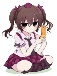  1girl azuma_meri black_bow black_necktie black_socks blush bow brown_eyes brown_hair checkered_clothes checkered_skirt closed_mouth collared_shirt commentary_request frilled_sleeves frills full_body hair_between_eyes hair_bow hat highres himekaidou_hatate kneehighs long_hair looking_at_viewer necktie pleated_skirt purple_bow purple_hat purple_skirt shirt short_sleeves simple_background sitting skirt sleeve_bow socks solo tokin_hat touhou twintails white_background white_shirt 