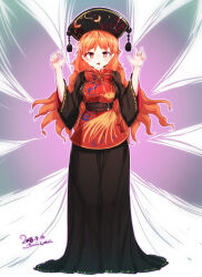  1girl 2018 arms_up black_dress breasts commentary_request dalachi_(headdress) dated dress furim highres junko_(touhou) large_breasts long_dress long_hair looking_at_viewer open_mouth orange_eyes orange_hair red_tabard solo star-shaped_pupils star_(symbol) symbol-shaped_pupils tabard touhou very_long_hair 