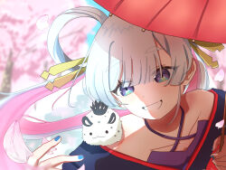  1girl ader1_pengu1n blue_eyes blue_kimono blurry blurry_background cherry_blossoms cho_kaguya-hime! colored_inner_hair commentary falling_petals fushi_(cho_kaguya-hime!) hair_ornament hair_rings hair_stick highres japanese_clothes kimono long_hair multicolored_hair off_shoulder petals pink_hair red_umbrella runami_yachiyo solo umbrella upper_body white_hair 
