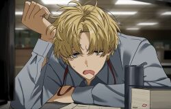  18_sumio 1boy aqua_eyes arm_rest blonde_hair blurry book can ceiling_light collared_shirt commentary depth_of_field desk drink_can drooling elbow_rest ex_albio exhausted frown grey_shirt half-closed_eyes hand_to_head hand_up highres indoors leaning_forward looking_at_viewer male_focus messy_hair mouth_drool nijisanji office paper parted_lips raised_eyebrow shirt short_hair solo straight-on tareme untranslatable_commentary 