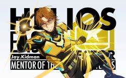  1boy armor brown_eyes brown_hair character_name clenched_hand copyright_name facial_hair game_cg gloves goatee happy_elements helios_rising_heroes highres jay_kidman looking_at_viewer male_focus non-web_source official_art open_hand smile solo 