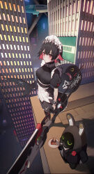  1girl absurdres bangboo_(zenless_zone_zero) black_hair black_pantyhose breasts building city_lights cityscape colored_inner_hair commentary_request ellen_joe fins fish_tail frilled_wristband hairband highres holding holding_weapon large_breasts large_tail looking_at_viewer maid maid_headdress metal_hairband multicolored_hair night pantyhose red_eyes red_hair scar scar_on_tail shark_girl shark_tail short_hair skyscraper solo spiked_headband tail two-tone_hair weapon yuanjya zenless_zone_zero 