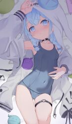  1girl :< absurdres arm_up badao blue_bow blue_eyes blue_hair bow braid breasts choker closed_mouth covered_navel feet_out_of_frame hair_bow heart heart_o-ring highres hololive hololive_dev_is hood hood_up hooded_jacket jacket light_blush long_sleeves looking_at_viewer low_twin_braids lying medium_hair mixed-language_commentary mizumiya_su mizumiya_su_(1st_costume) o-ring o-ring_choker o-ring_thigh_strap old_school_swimsuit on_back open_clothes open_jacket paid_reward_available rekio_(mizumiya_su) school_swimsuit shade small_breasts solo swimsuit thigh_gap thigh_strap twin_braids virtual_youtuber white_jacket 