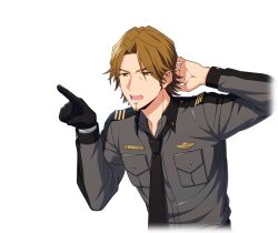  1boy arm_behind_head black_gloves black_necktie breast_pocket brown_eyes brown_hair collared_shirt cropped_torso facial_hair game_cg gloves goatee grey_shirt happy_elements helios_rising_heroes jay_kidman long_sleeves male_focus necktie non-web_source official_art open_mouth pocket pointing shirt single_glove solo teeth transparent_background upper_body 