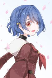  1girl :d black_shirt blue_hair bow braid breasts brown_dress commentary_request dress falling_petals from_behind hair_bow hasu_no_sora_school_uniform highres link!_like!_love_live! long_sleeves looking_at_viewer looking_back love_live! matsurugi_tsukasa neckerchief open_mouth orange_eyes petals pink_petals red_neckerchief reizawa_aoi sailor_collar sailor_dress school_uniform shirt short_hair side_braid small_breasts smile solo turtleneck turtleneck_shirt undershirt white_sailor_collar winter_uniform yellow_bow 
