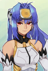  1girl android blue_hair breasts closed_mouth expressionless forehead_protector gradient_background green_background kos-mos long_hair medium_breasts red_eyes solo toastitos upper_body xenosaga xenosaga_episode_i 