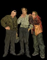  3boys absurdres bald balding beard better_call_saul breaking_bad commentary english_commentary facial_hair goatee highres jesse_pinkman male_focus mike_ehrmantraut multiple_boys old old_man saul_goodman sunglasses turmalindraws white_beard white_facial_hair 
