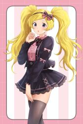  1girl :o absurdres belt black_belt black_bow black_dress black_thighhighs blonde_hair blush bow character_request commentary_request copyright_request dress feet_out_of_frame green_eyes hair_bun hanamasa_ono highres long_hair looking_at_viewer pink_shirt shirt solo standing thigh-highs twintails 