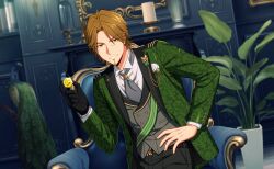  1boy black_gloves brown_eyes brown_hair candle collared_shirt facial_hair game_cg gloves goatee green_jacket happy_elements helios_rising_heroes highres holding indoors jacket jay_kidman long_sleeves looking_at_viewer male_focus necktie non-web_source official_art pants plant shirt single_glove smile solo vest 