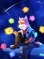  1boy 6+boys absurdres animal_ears artist_name arwing commentary english_commentary fox_boy fox_ears fox_mccloud fox_tail furry furry_male green_jumpsuit highres jumpsuit looking_at_another luma_(mario) male_focus multiple_boys neckerchief oravert69522 petting red_neckerchief shooting_star smile space star_(sky) star_fox super_mario_bros. super_mario_galaxy tail the_super_mario_galaxy_movie vest whiskers white_vest 