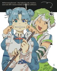  2girls absurdres apron arm_warmers arrow_(symbol) belt black_sclera blue_belt blue_dress blue_eyes blue_hair cheek_pull colored_sclera curtained_hair dot_nose double_bun dress english_commentary english_text flower frilled_apron frills green_hair green_skirt hair_bun hair_flower hair_ornament hands_on_another's_cheeks hands_on_another's_face hfsean2 highres looking_at_viewer maid maid_headdress mismatched_pupils multicolored_hair multiple_girls open_mouth personification qbittorrent radio_antenna red_ribbon ribbon shirt short_hair short_sleeves skirt straight-on streaked_hair striped_arm_warmers sweat teeth tongue utorrent white_apron white_eyes white_flower white_hair white_shirt 