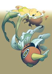  1girl bikini brown_hair commentary_request full_body gradient_background holding holding_poke_ball looking_at_viewer open_mouth poke_ball poke_ball_(basic) pokemon pokemon_(creature) ripples saboteri_(savot) seaking solo swimsuit yellow_bikini 