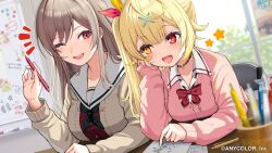  2girls blonde_hair blush bow bowtie breasts brown_cardigan brown_hair cardigan chair choker commentary_request copyright_notice desk eye_contact furen_e_lustario furen_e_lustario_(5th_costume) hair_ornament hair_ribbon hairclip heterochromia holding holding_pencil hoshikawa_sara hoshikawa_sara_(4th_costume) indoors large_breasts long_hair long_sleeves looking_at_another multiple_girls neckerchief nijisanji one_eye_closed open_mouth pen pencil pink_cardigan red_bow red_bowtie red_eyes red_ribbon ribbon sailor_collar school school_uniform serafuku shirt side_ponytail sitting sleeves_past_wrists smile tatami_kami upper_body virtual_youtuber white_sailor_collar whiteboard x_hair_ornament yellow_eyes 