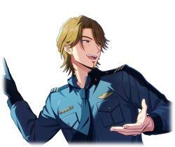  1boy :d black_gloves blue_necktie blue_shirt breast_pocket brown_eyes brown_hair collared_shirt cropped_torso facial_hair game_cg gloves goatee happy_elements helios_rising_heroes jay_kidman long_sleeves male_focus necktie non-web_source official_art open_mouth pocket shirt single_glove smile solo transparent_background upper_body 