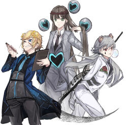  3others absurdres animal_ears black_necktie black_pants blue_coat blue_eyes blue_necktie brown_hair chinese_commentary coat collared_shirt commentary_request cuts da_capo_(e.g.o) e.g.o_(project_moon) employee_(project_moon) facial_mark green_eyes grey_hair heart highres holding holding_notepad holding_pencil holding_scythe holding_weapon hongcai_rainbow injury lobotomy_corporation long_hair mouse_ears multiple_others necktie notepad nugget_(project_moon) open_clothes open_coat other_focus pants pencil penitence_(e.g.o) project_moon red_eyes scythe shirt simple_background sound_of_a_star_(e.g.o) standing suit teardrop_facial_mark the_sword_sharpened_with_tears_(e.g.o) weapon white_background white_pants white_shirt white_suit 