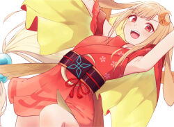  1girl blonde_hair blush brown_hair cho_kaguya-hime! colored_inner_hair commentary_request crescent crescent_hair_ornament egasumi hair_ornament highres japanese_clothes kaguya_(cho_kaguya-hime!) kimono long_hair looking_at_viewer low-tied_long_hair multicolored_hair obi okome_kani open_mouth partial_commentary red_eyes red_kimono sash simple_background solo teeth upper_teeth_only white_background 